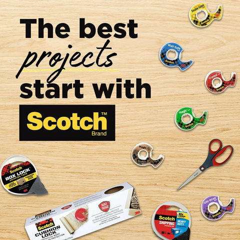 Assorted Scotch tapes and scissors with text 'The best projects start with Scotch' on a wooden surface.