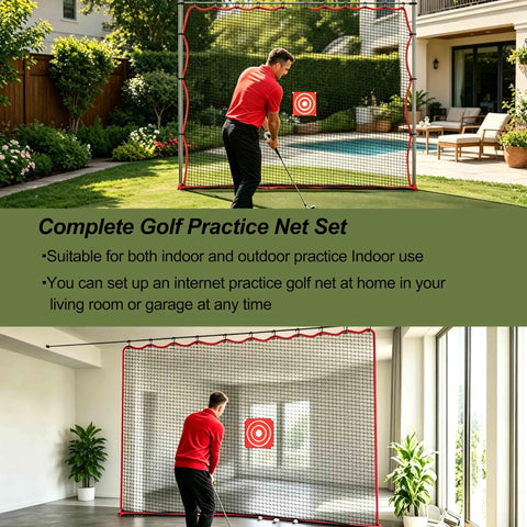 10 X 10 Ft Heavy Duty Golf Practice Net For Backyard And Garage Training, golfer practicing swing, red target circle in center.