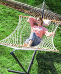 Double Rope Hammock With Stand Included, 12ft Heavy Duty Stand, 2 Person Traditional Cotton Rope Hammocks With Pillow