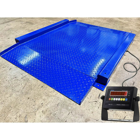 Heavy Duty Low Profile Drum Scale Built Tough With Smooth Hinged Ramps For No Sweat Barrel Rolling And Rock Solid Weighing Capability Up To 5000 Pounds With Spot On One Pound Accuracy NTEP Approved, blue steel platform with digital display.