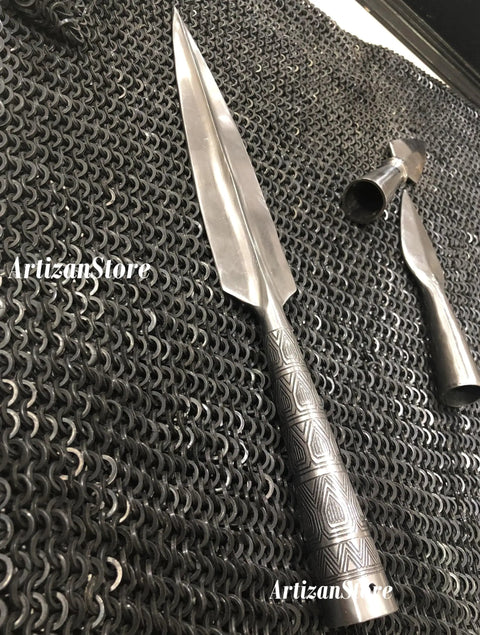 Viking Iron Spear Head For Throwing And Reenactment, hand forged lozenge shaped with detailed handle on chainmail