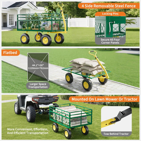 Heavy Duty Steel Garden Cart Wagon With 1400 Lb Capacity, 13 Inch All Terrain Tires, various mounting and configuration options