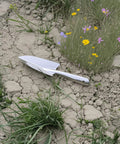 Stainless Steel Garden Trowel And Hand Shovel With Pro Grade Measurement Marks For Planting Transplanting Weeding And Digging Durable Rust Resistant Garden Tool For Home Gardeners Ergonomic Grip Multi Purpose Spade lying on dry soil beside wildflowers.