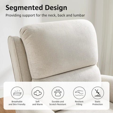 Beige ultra wide recliner chair for living room with smooth push back recline and lumbar support, focus on cushioned backrest.