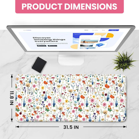 Ultra Large Desk Pad For Desktop 31.5 Inch By 11.8 Inch Extended Mouse Pad With Anti Slip Surface Featuring Wildflowers Design