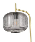 Etched Glass Floor Lamp With Brushed Brass Finish Smoke, Retro Vibe Meets Mid Century Modern Style showing smoky glass dome detail