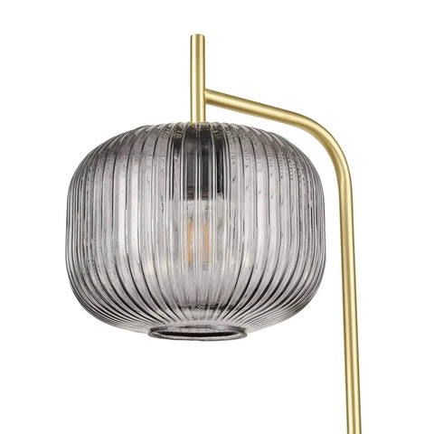 Etched Glass Floor Lamp With Brushed Brass Finish Smoke, Retro Vibe Meets Mid Century Modern Style showing smoky glass dome detail