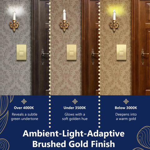 Frameless Brushed Gold Paddle Wall Light Switch Single Pole 3 Wire 15A 120 277VAC UL Listed on patterned wall in varied lighting conditions.