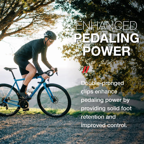 Cyclist using Toe Clips L/XL And 515XL Toe Straps Set With Technopolymer Double Prongs And 440mm Braided Straps on a bicycle