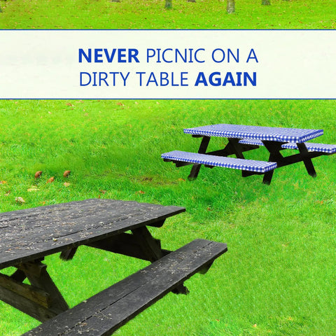 Three Piece Set 8 Foot Picnic Table Cover With Bench Covers And Vinyl Fitted Tablecloth Blue Checkered For 6 And 8 Foot Tables Camping Essentials And RV Accessories