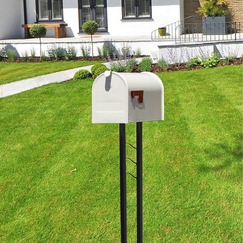 Weather Resistant Steel Mailbox With Post For Outside Use White Medium Curbside Style Built For Rain Snow And Sun Tough As Nails Durable Outdoor Mailbox For Residential Delivery Rust Resistant And USPS Approved white steel mailbox on lawn
