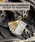 Outdoor Knot Cards 22 Knots For Camping Backpacking And Scouts clipped to backpack with carabiner