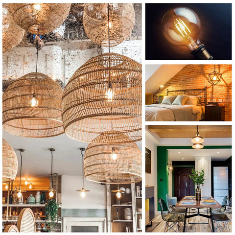 Collage of dimmable G25 LED globe bulb 5W with clear vintage filament lighting home interiors, pendant and decorative fixtures.