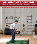 Man using 10 Foot Golf Hitting Net Set With Carabiners And Tie Rope Heavy Duty Practice Net For Backyard Golf Training