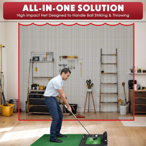 Man using 10 Foot Golf Hitting Net Set With Carabiners And Tie Rope Heavy Duty Practice Net For Backyard Golf Training