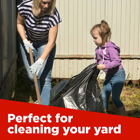 Mother and daughter using 65 Gallon Heavy Duty Trash Bags 50x60 Inches Extra Large Black Contractor Liners for yard cleanup