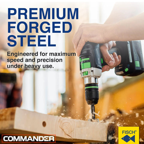 Workhorse 5 Piece Wave Cutter Forstner Drill Bit Set Metric Sizes 15 To 35 Millimeters High Speed Steel being used on wood.