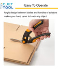 C.JET TOOL 10-inch heavy-duty scissors with orange/black soft-grip handles cutting cardboard; side view.