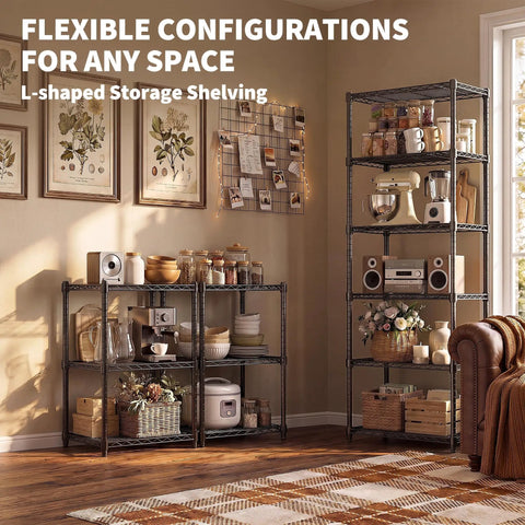Heavy Duty Six Tier Metal Wire Shelving Rack With Rust Resistant Carbon Steel Frame used for kitchen organization in stylish L-shape.