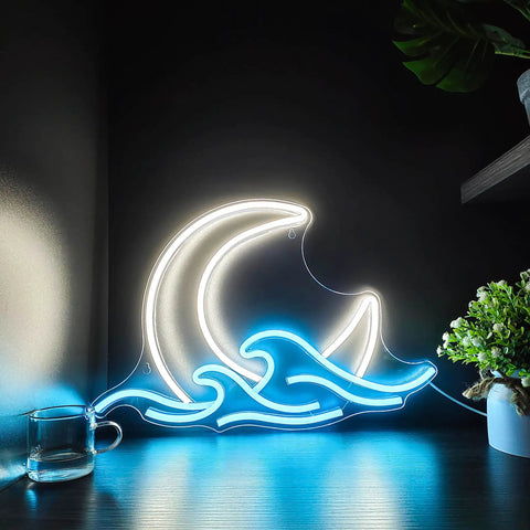 Moon Over Sea Neon Light Sign For Room Decor on desk, anime sunrise sunset design, twilight wave acrylic moon lamp glowing in blue and white.