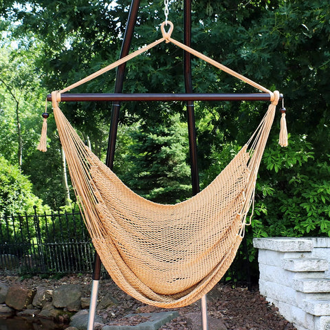 Outdoor Hammock Chair Swing For Reading And Lounging On The Patio Or Indoors 300 Lb Capacity Caribbean XL Tan Durable Soft Polyester Rope Seat