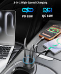 Three Port 130W USB C Car Charger With Voltage Display PPS PD QC Fast Charge For 12 To 24V Vehicles for gadgets in use charging devices.