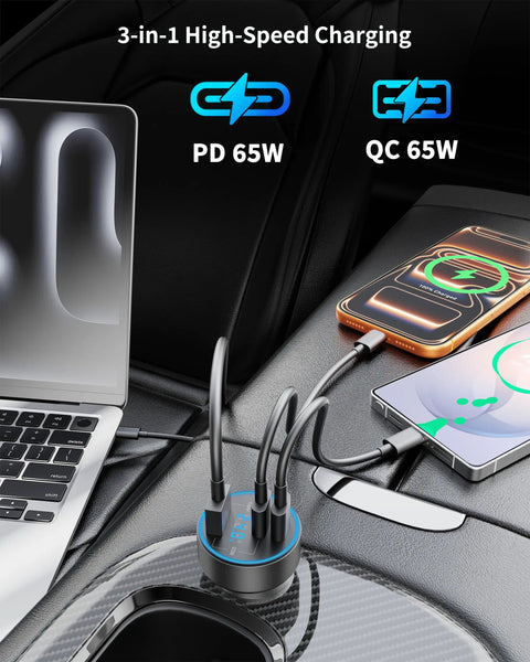 Three Port 130W USB C Car Charger With Voltage Display PPS PD QC Fast Charge For 12 To 24V Vehicles for gadgets in use charging devices.