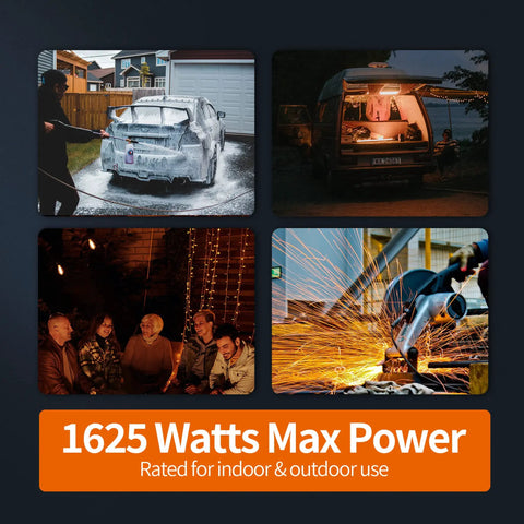 Collage showcasing uses of extension cord in car wash, camper lighting, outdoor gathering, and power tool operation.