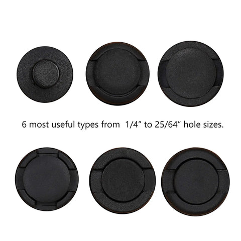 102 Piece Auto Push Pin Rivet Kit 6 In 1 showing six types of black rivets in various hole sizes from 1/4 to 25/64 inches.