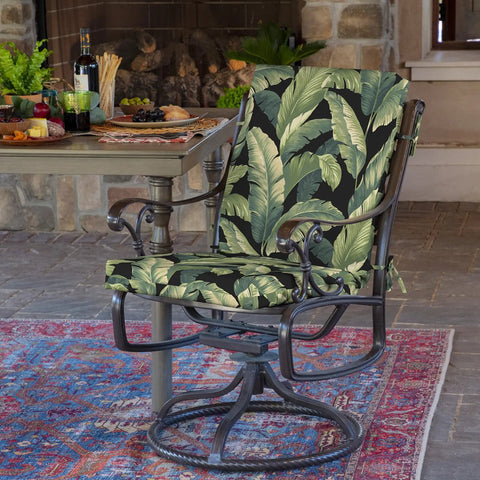 All Weather Outdoor Midback Chair Cushion In Onyx Cebu, 18 x 16.5 Inch Seat Pad And 18 x 20 Inch Back Pad on metal chair