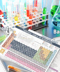 Durable PVC Periodic Table Chart Laminated Poster with equation sheet in classroom, surrounded by colorful lab equipment.