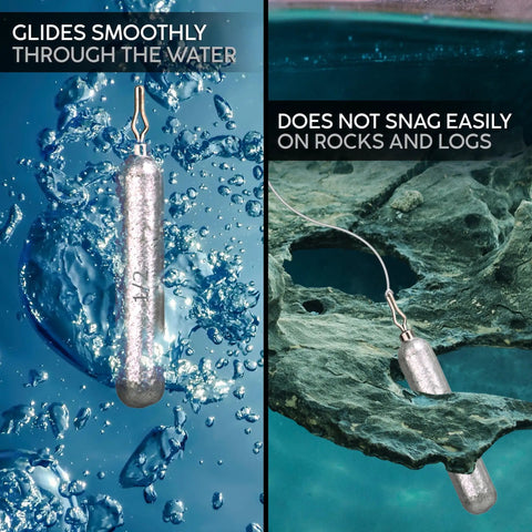 Drop Shot Weights One Half Ounce Pencil Sinkers With V Shaped Eyelet For Quick Rig Swaps Bass Fishing Tackle, in water view