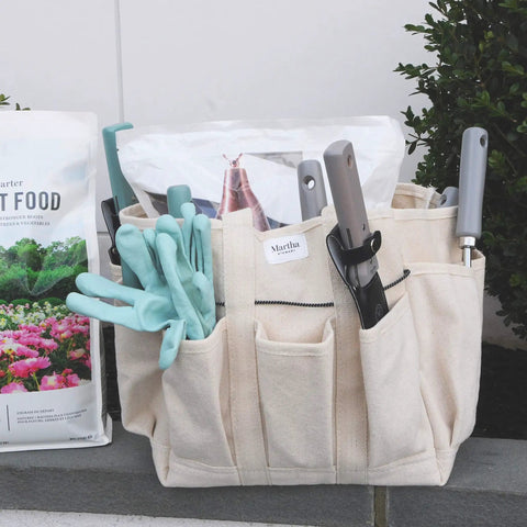 Heavy-Duty Canvas Garden Bag With 6-Inch Exterior Pockets And 11-Inch Interior Pockets, Comfortable Shoulder Strap And Stretch Cord Tool Fasteners, Your Go-To Tool Tote For Gardening Gear And Essentials holding tools and gloves