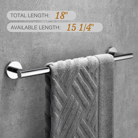 Chrome Bathroom Accessories Set 5 Piece With 18 Inch Bath Towel Bar on wall holding grey towel, SUS304 stainless steel