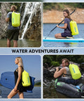 People using Floating Waterproof Dry Bag Backpack 40L for Kayaking, Rafting, Paddleboarding, and Surfing in bright yellow color.