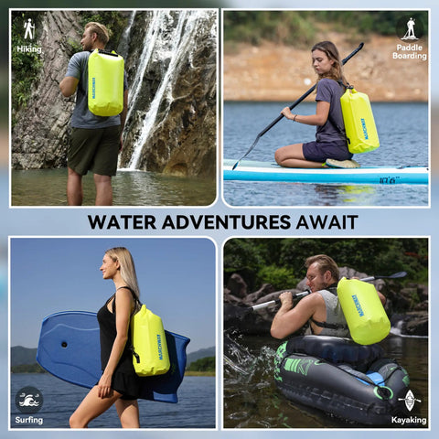 People using Floating Waterproof Dry Bag Backpack 40L for Kayaking, Rafting, Paddleboarding, and Surfing in bright yellow color.