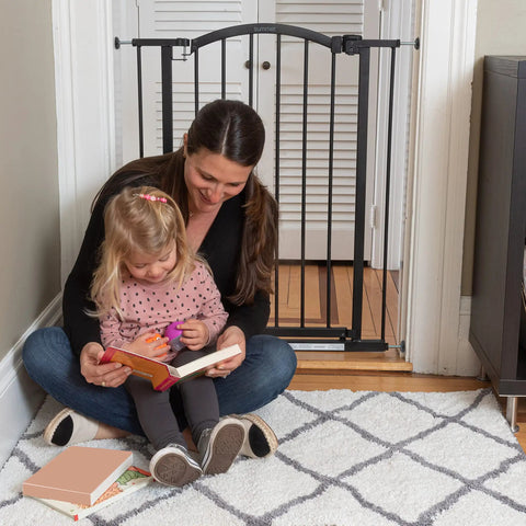 Extra Tall Decor Safety Gate For Kids And Pets, Fits 28.75 To 39.75 Inch Openings, 36 Inch Tall Walk Through Gate in doorway with mother and child reading