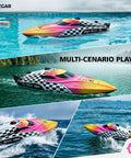 12 Inch RC Boat For Kids And Adults, Fast 25 KPH Remote Control Speed Boat With Dual Batteries, Waterproof Pool And Lake Toy For Beginners To Pros, Easy Remote Fun shown racing in a pool and lake with vibrant pink and orange design.