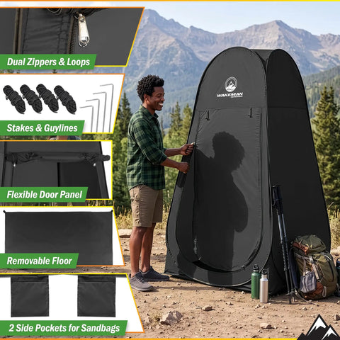 Man setting up Multipurpose Privacy Pop Up Tent For Camping And Beach With Easy Open Portable Shower Stall Dressing Room