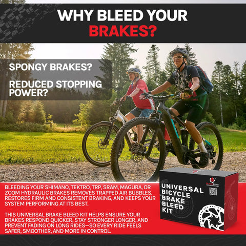 Two cyclists on mountain bikes next to a Universal Hydraulic Brake Bleed Kit For Shimano Tektro Magura SRAM And More Easy To Use Bike Bleeder Tool For MTB Road And All Bicycle Systems Compatible With Avid Hayes TRP Zoom And More For Peak Bleeding Performance box, with text asking about brake performance.