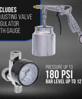 Street Ready Heavy Duty Pneumatic Undercoating Spray Gun With Adjustable Regulator And Beefy 25 Oz Suction Cup For Rust Proofing Truck Bed Liners Plus Slick Auto Finishes showing regulator and gauge.