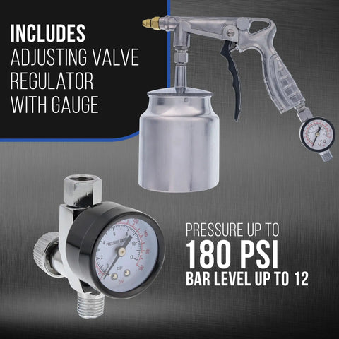 Street Ready Heavy Duty Pneumatic Undercoating Spray Gun With Adjustable Regulator And Beefy 25 Oz Suction Cup For Rust Proofing Truck Bed Liners Plus Slick Auto Finishes showing regulator and gauge.