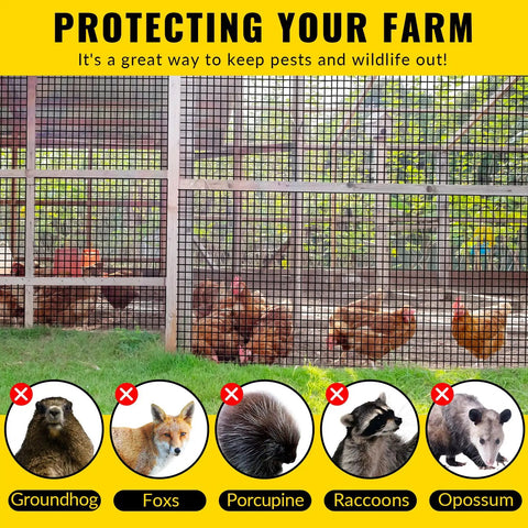 Chickens behind heavy duty vinyl coated welded wire mesh roll for DIY projects 48 inch wide by 50 foot long one half inch mesh 19 gauge black.