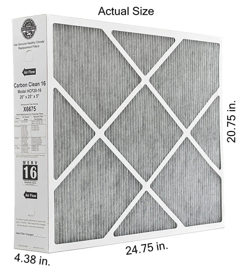 Healthy Climate MERV 16 Carbon Clean Filter Bundle, actual size 20.75 x 24.75 x 4.38 inches, fits 20x25x5 HVAC filters, side view