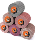 Six Piece Non Woven Wire Drawing Flap Wheel Set For Serious Burnishing And Polishing Jobs With Sharp Alumina Coated Pa Fiber stacked in a variety of colors.