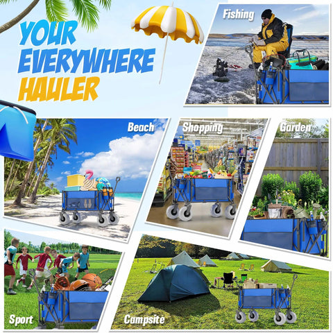 Blue Heavy Duty Folding Wagon For Sand And Outdoors, 350 lb capacity, oversized 180 liter cargo space, 9 inch all terrain wheels