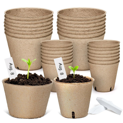 Seed Starter Pots Set with 60 Pcs in 3.15 and 4 Inch Sizes, Drainage Holes for Easy Transplanting, Compostable Nursery Pots, Plus 20 Bonus Plant Labels