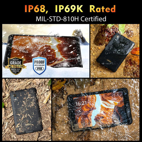 Hardcore 8 Inch Rugged Tablet Packed With Octa Core Processor And 16GB RAM And 128GB Storage Featuring 48MP Camera System And Massive 7650mAh Battery Built Rock Solid To Handle Any Grind With IP69K Waterproofing And Android 13 submerged in muddy water.