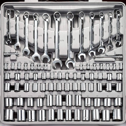 205 Piece Ratchet Wrench Tool Set With 1/4, 3/8, 1/2 Inch Drives, SAE And Metric Socket Kit In Plastic Toolbox, Durable Chrome Finish