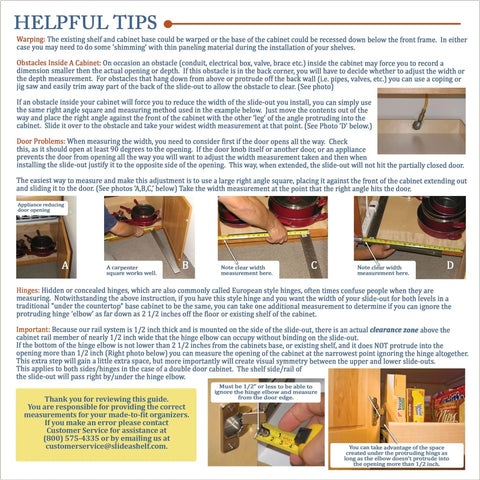 Helpful tips for installing Heavy Duty Custom Fit Slide Out Shelf With Full Extension Glide Rails For Kitchen Cabinets.